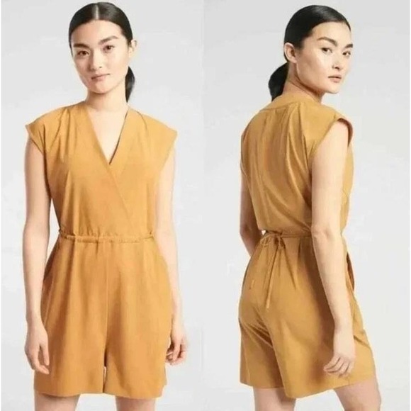 Athleta Pants - ATHLETA Marlow Tuscan Gold V-Neck Lightweight Dress Romper Tie Waist Pockets